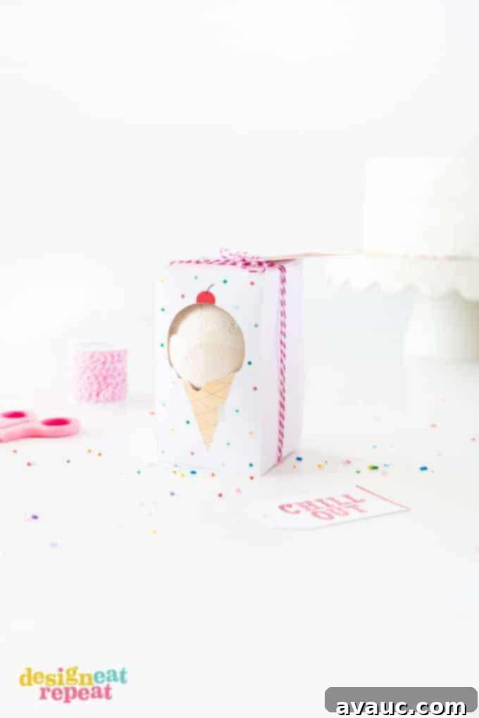 Gift bath bombs in these adorable ice cream themed "Chill Out" bath bomb gift boxes! Free to download at Design Eat Repeat!