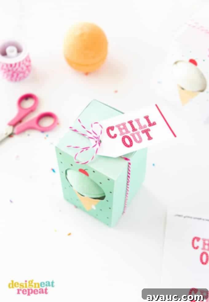 Gift bath bombs in these adorable ice cream themed "Chill Out" gift boxes! Free to download at Design Eat Repeat!