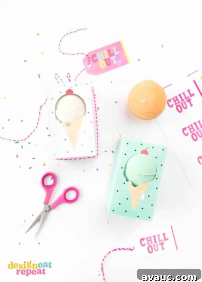 Gift bath bombs in these adorable ice cream themed "Chill Out" bath bomb gift boxes! Free to download at Design Eat Repeat!