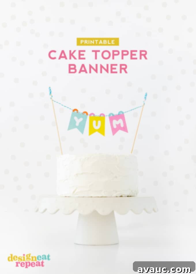 Vibrant free printable cake topper banner adorning a white cake, perfect for any celebration. Features colorful pennants spelling 'Happy' or a similar cheerful message.