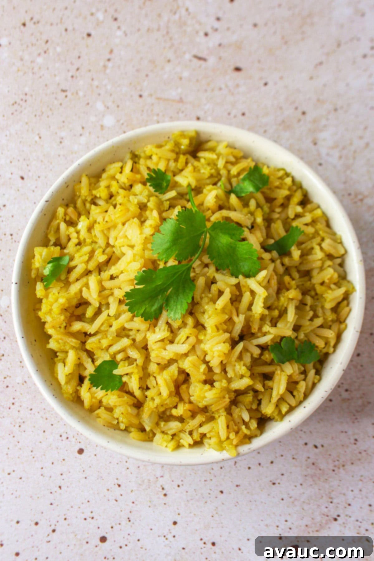 Plated poblano rice and garnished with fresh cilantro