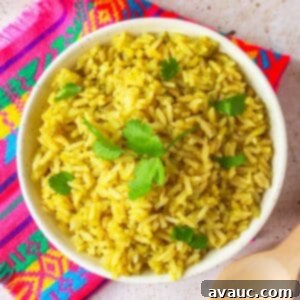 Top view of Arroz Verde Poblano garnished with cilantro