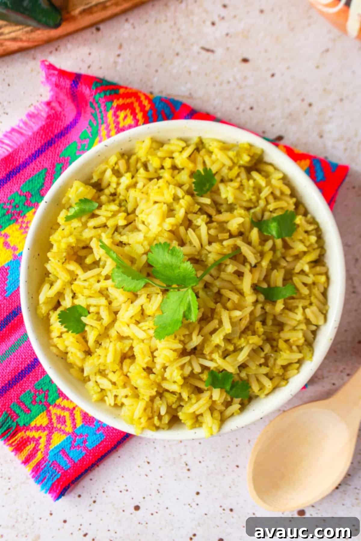 Top view of Arroz Verde Poblano garnished with cilantro