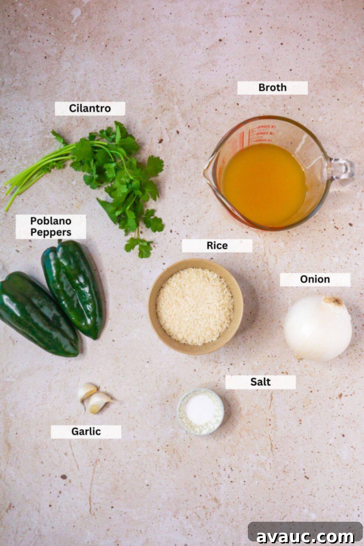 Ingredients for arroz verde poblano: cilantro, broth, poblano peppers, rice, onion, salt, garlic