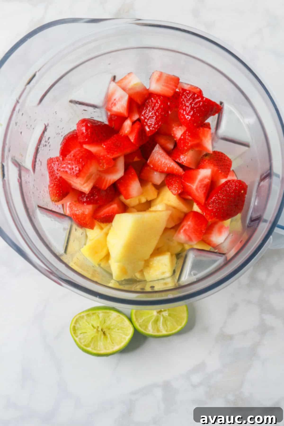 Pineapple Strawberry Oasis 8 Chopped strawberries, pineapple pieces and lime juice in a blender