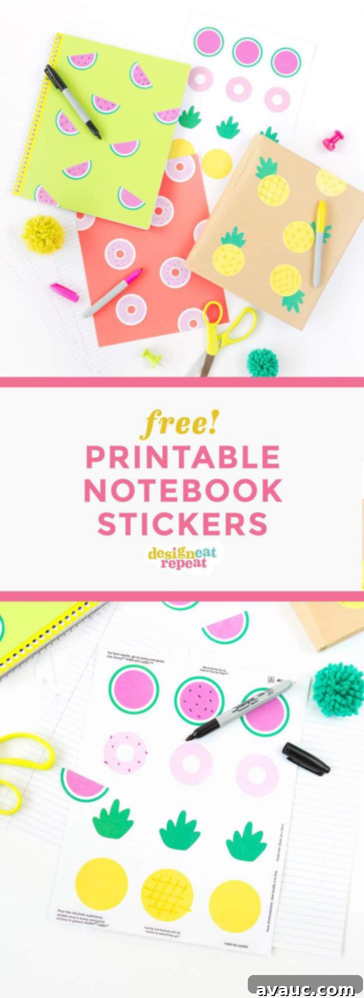 Close-up of a DIY watermelon printable sticker on a school notebook