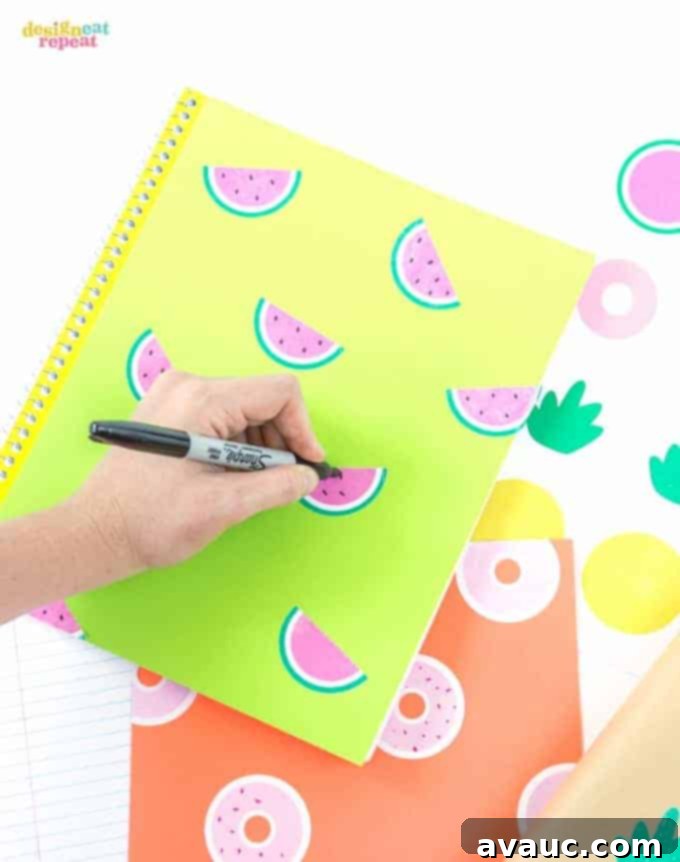 Completed DIY Back to School Printable Notebook Stickers with drawn details