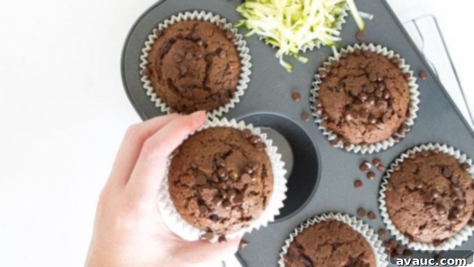 Two baked chocolate zucchini muffins on a mint scalloped napkin.