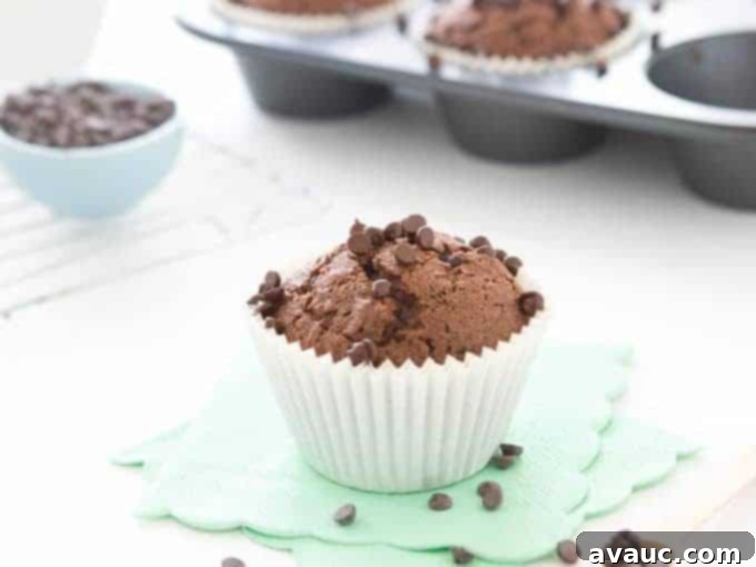 Close-up of a double chocolate zucchini muffin with a bite taken out, showing the moist interior.