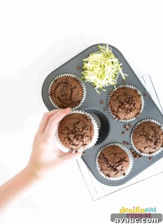 Hand reaching out and picking up chocolate muffin from cupcake pan.