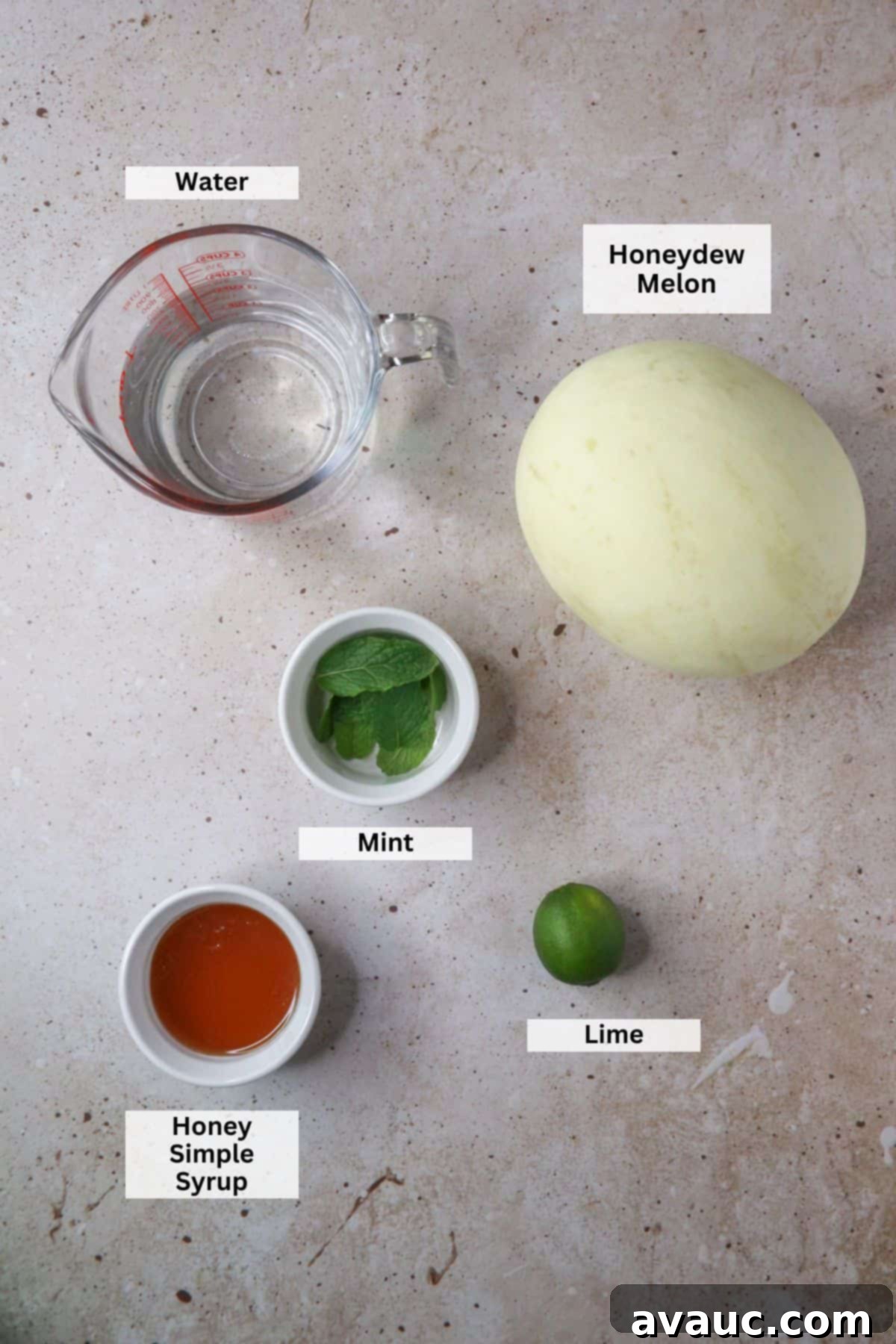 Honeydew Mint Agua Fresca 4 Ingredients for Honeydew Agua Fresca: water, honeydew melon, mint, lime, honey simple syrup
