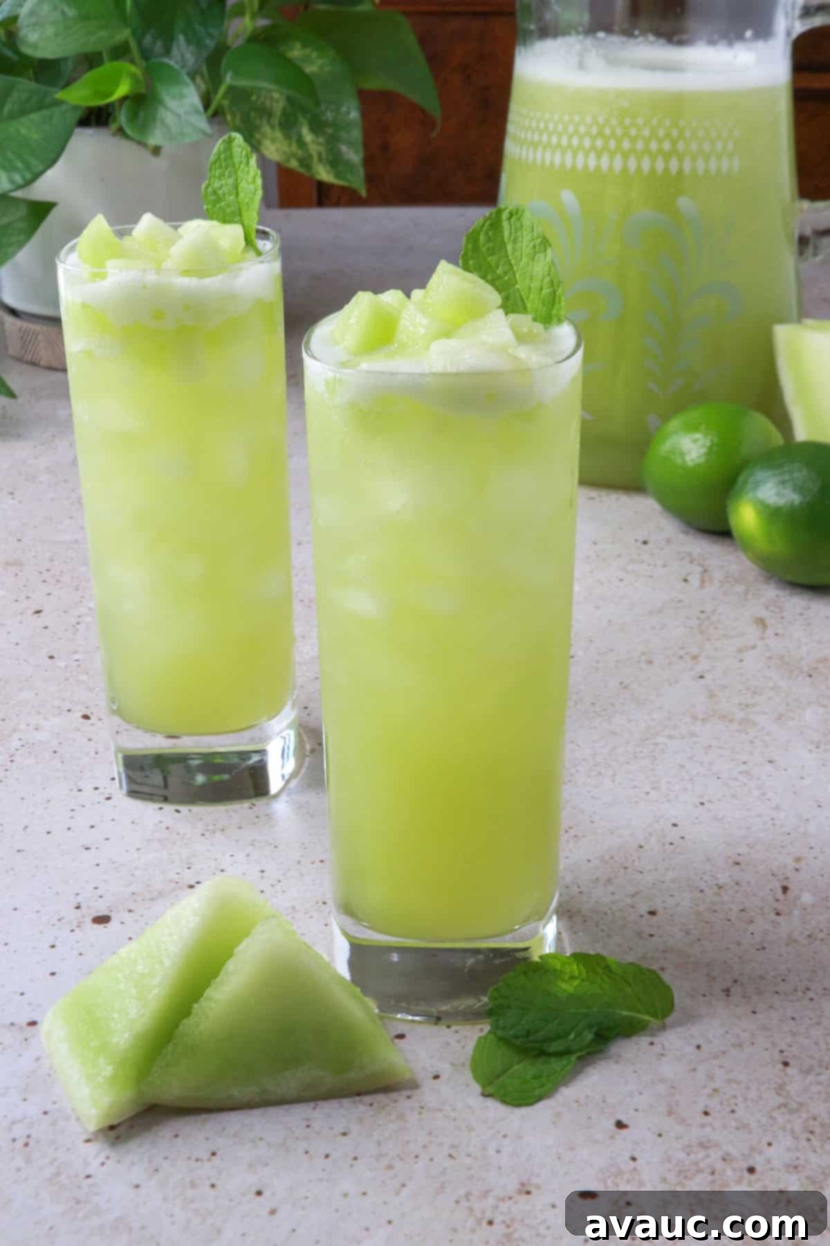 Honeydew Mint Agua Fresca 11 Close-up of two glasses of honeydew agua fresca with mint