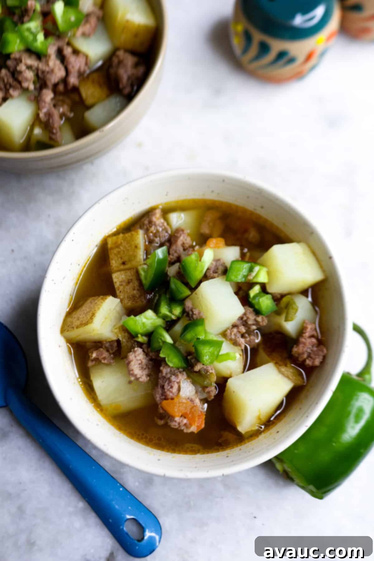 Jalapeño Ground Beef Stew 2 Caldillo de Carne Molida in a bowl with a jalapeño beside it, showcasing its rich, savory appearance.