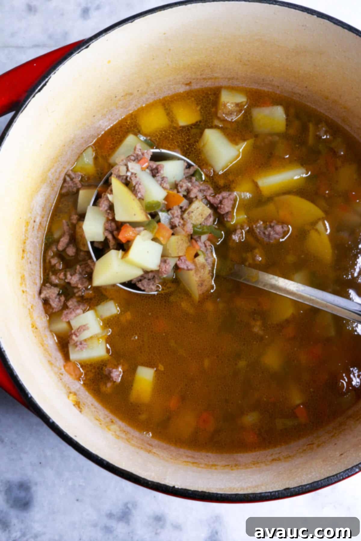 Jalapeño Ground Beef Stew 8 A ladle scooping Mexican ground beef stew with jalapeño from a pot, showing chunks of meat and potatoes.