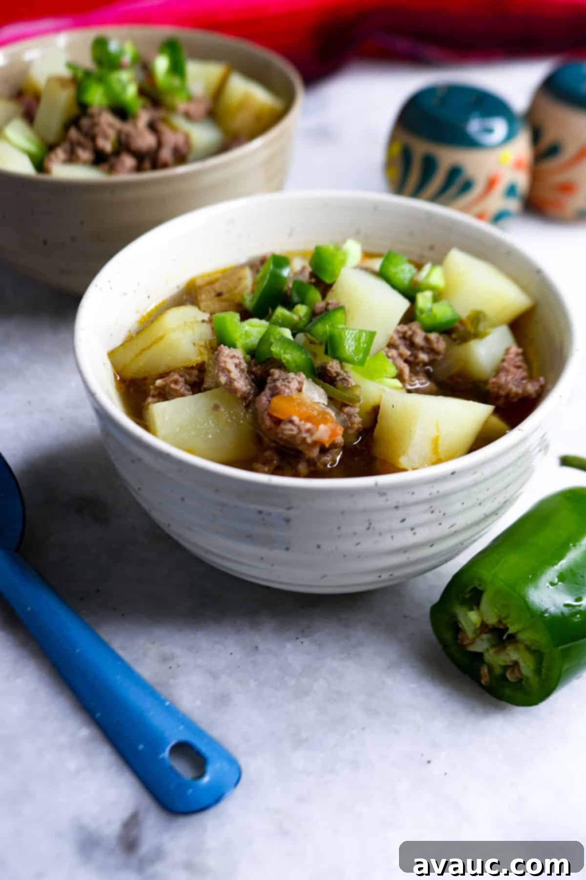 Jalapeño Ground Beef Stew 9 Caldillo de Carne Molida in a bowl with a jalapeño beside it and another bowl behind it, ready to be served.