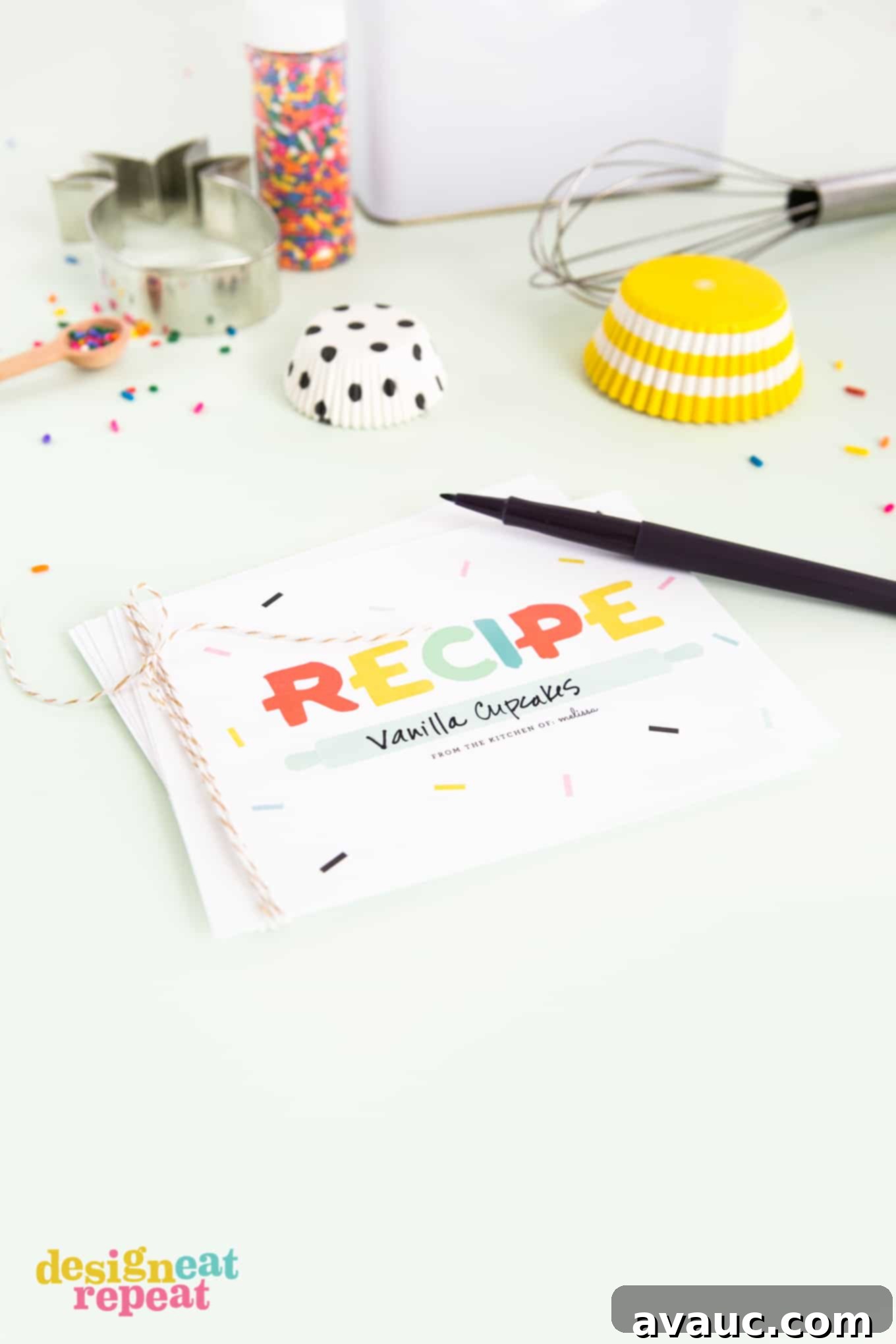 Free Printable Recipe Cards Perfect for Gifting 3 Download these free printable recipe cards and bring back the pre-internet nostalgia of hand-writing and exchanging recipes with friends & family! This image showcases the printed cards alongside baking accessories like sprinkles and a whisk, highlighting their use in a baking gift box.