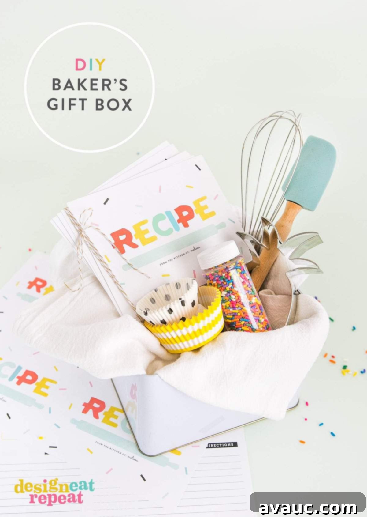Free Printable Recipe Cards Perfect for Gifting 6 A personalized printable recipe card in use, showing 'From the Kitchen Of: Sally' filled in, surrounded by baking ingredients like flour, eggs, and a whisk. This illustrates the personalized gifting potential of these cards.