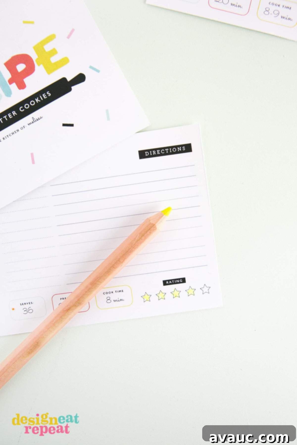 Free Printable Recipe Cards Perfect for Gifting 7 A beautifully arranged free printable recipe card with star ratings filled in, surrounded by delicious baked goods, suggesting a cherished and well-loved recipe. This image inspires cooking and baking.