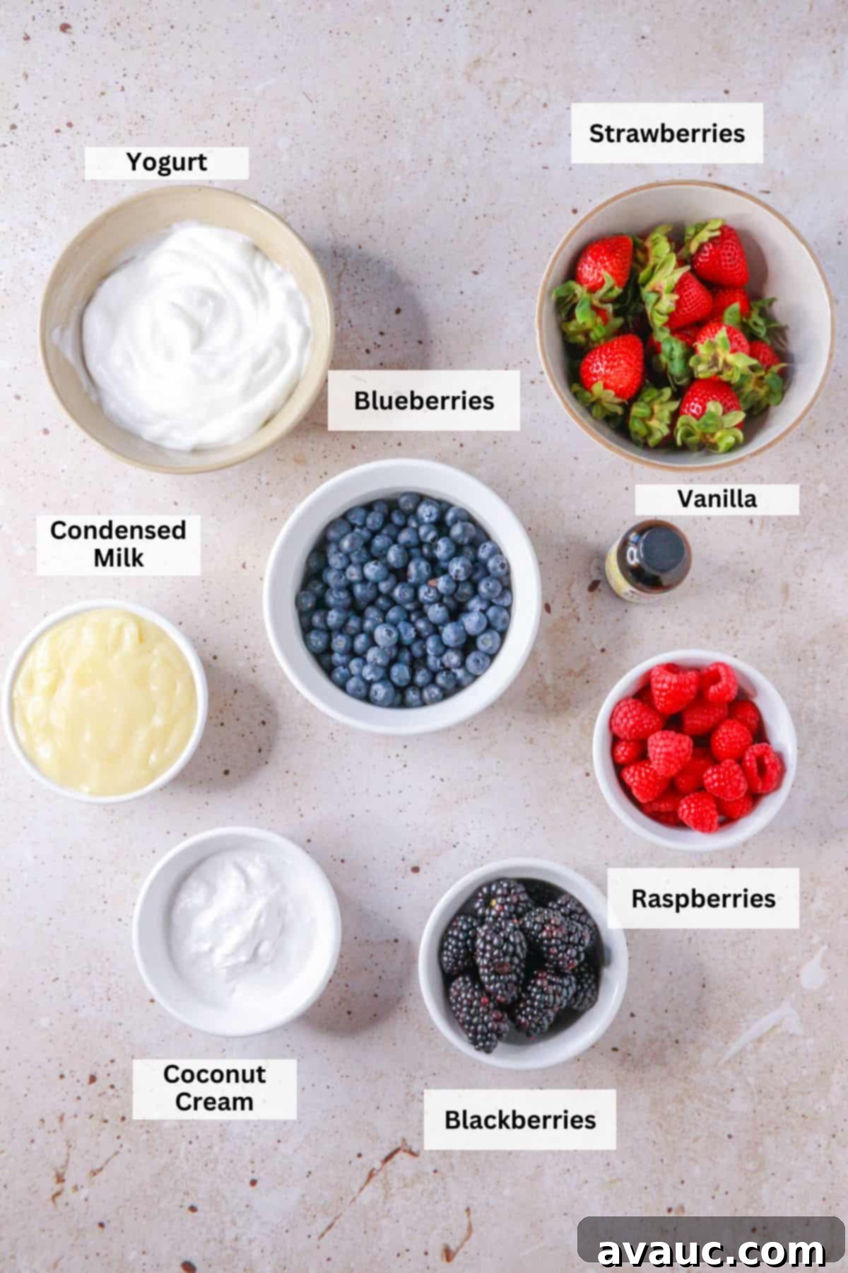 Luscious Dairy-Free Berries and Cream 3 Arrangement of ingredients for Dairy-Free Berries with Cream: fresh strawberries, blueberries, raspberries, blackberries, vanilla extract, coconut cream, dairy-free yogurt, and sweetened condensed coconut milk.
