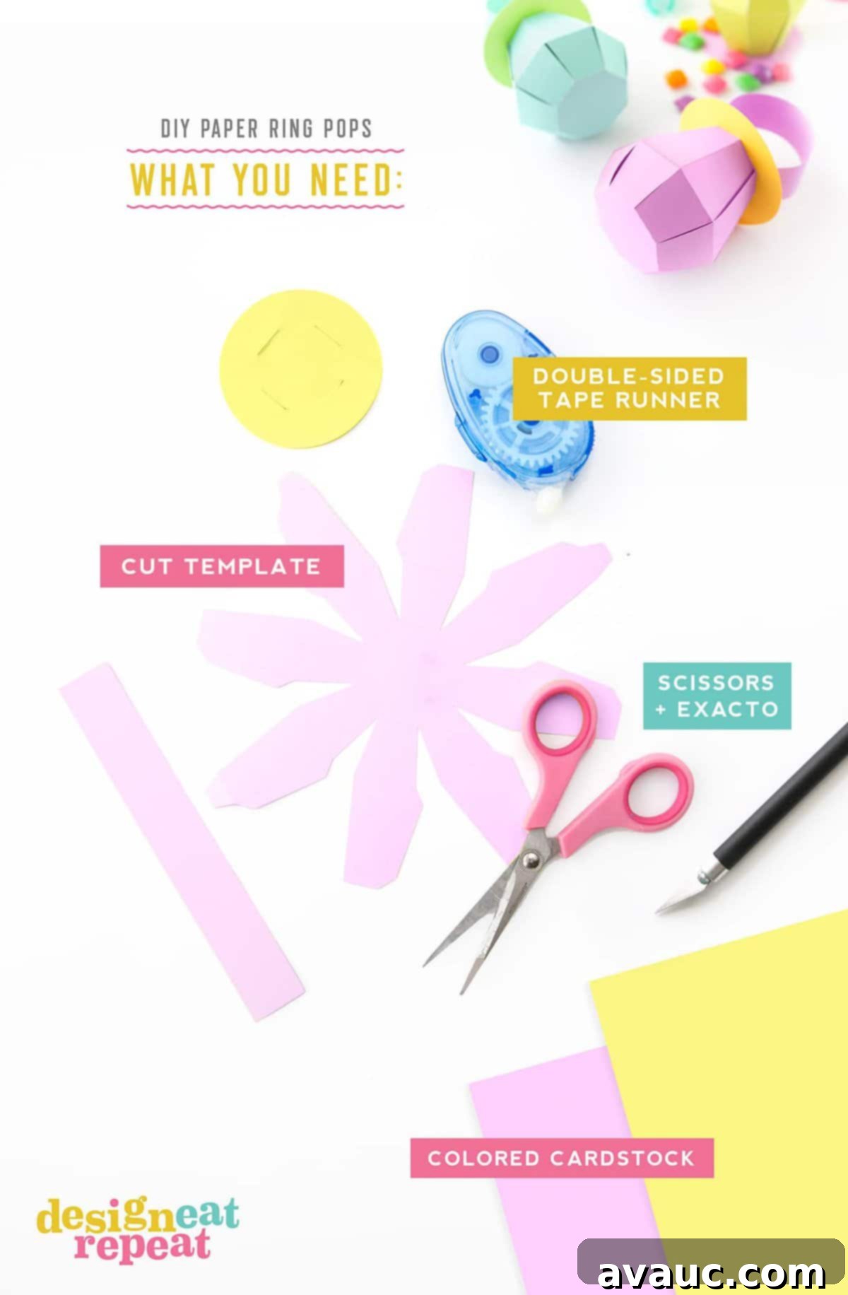 Craft Your Own Ring Pop Treat Boxes 3 The essential tools for creating your own paper Ring Pop treat boxes: colored cardstock, double-sided tape, and the printable template.
