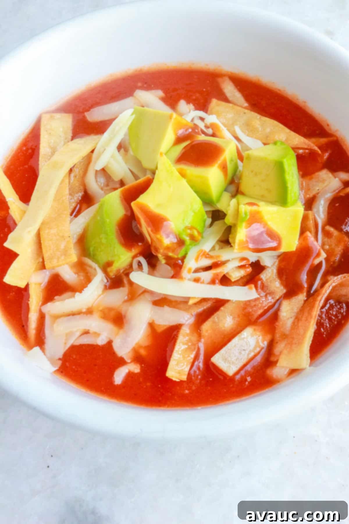Aztec Tortilla Soup 9 A vibrant bowl of Sopa de Tortilla, fully garnished with crispy tortilla strips, diced avocado, shredded cheese, and a fresh lime wedge, ready to be enjoyed.