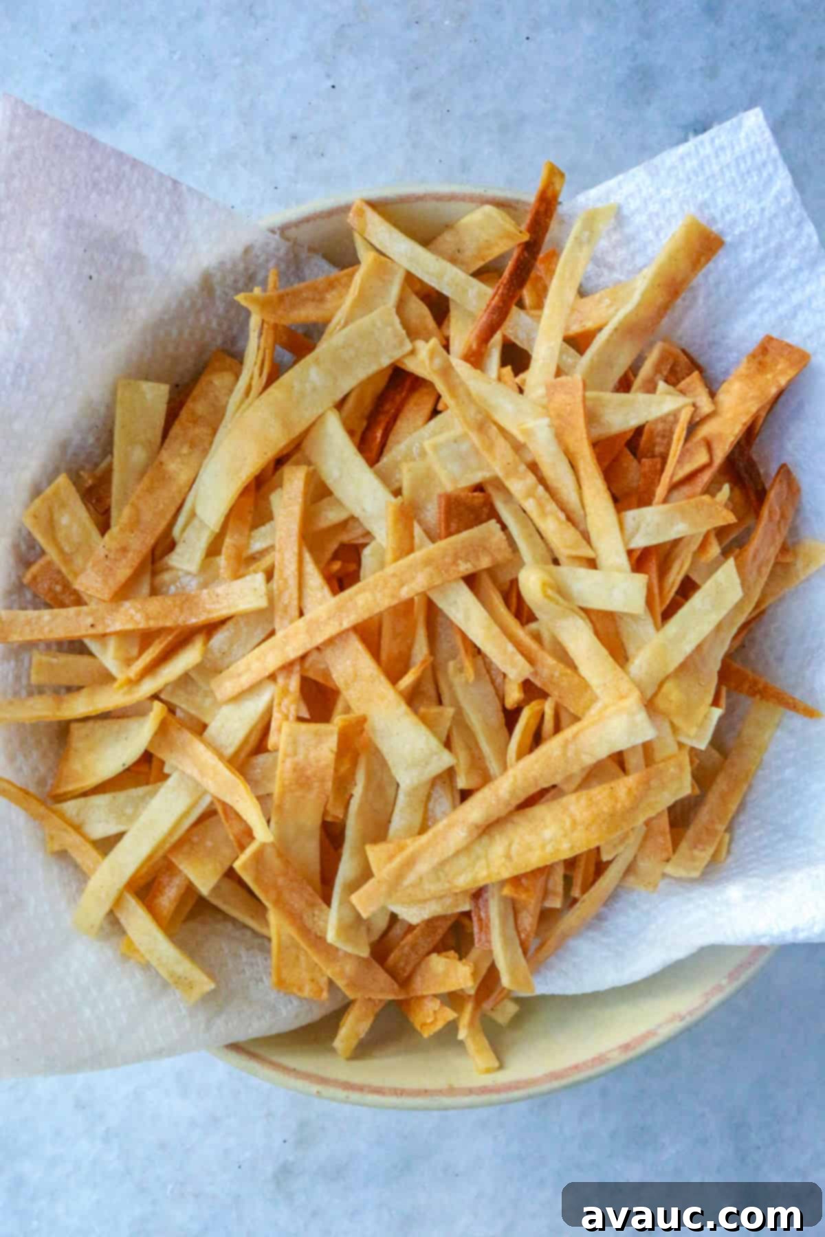 Aztec Tortilla Soup 6 Golden-fried tortilla strips draining excess oil on paper towels in a bowl, ensuring maximum crispness for the soup.