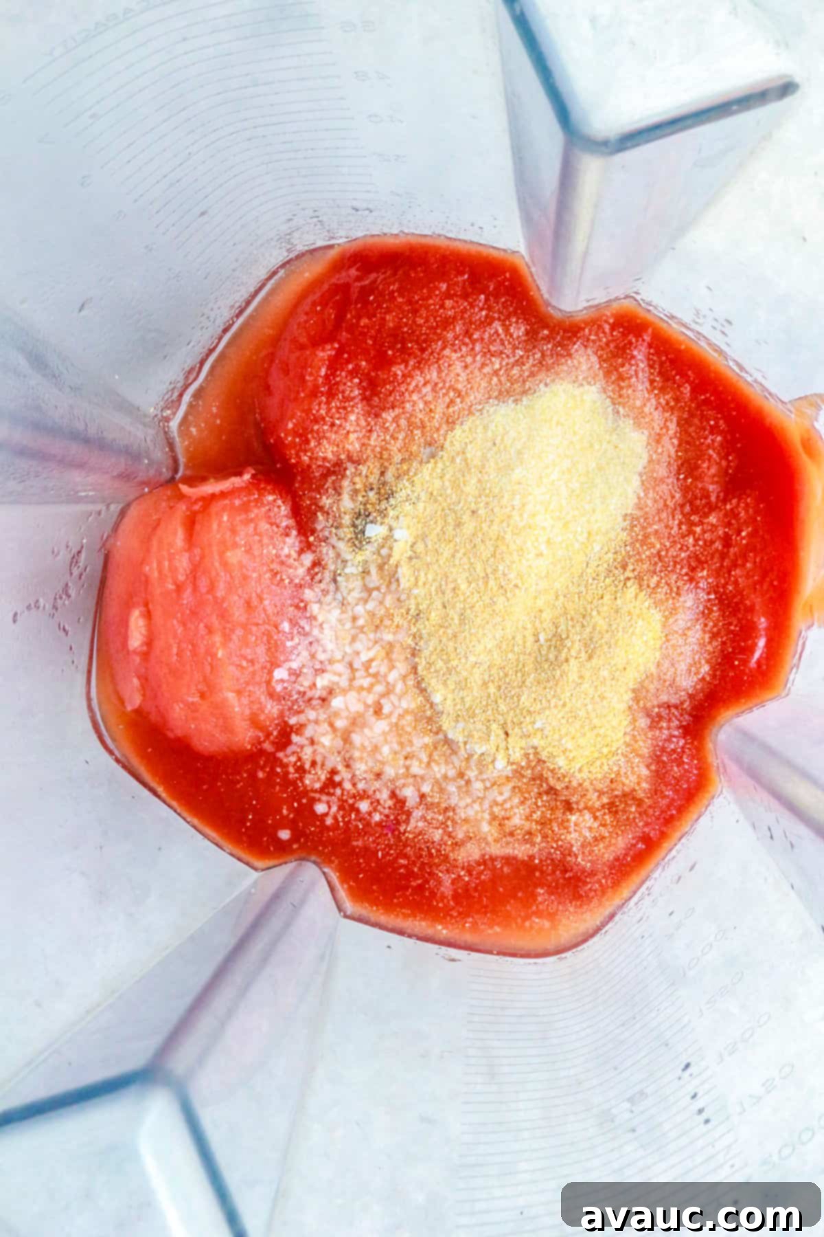 Aztec Tortilla Soup 8 Ingredients for Sopa de Tortilla broth, including peeled boiled tomatoes, spices, and tomato sauce, gathered in a blender for a silky smooth consistency.