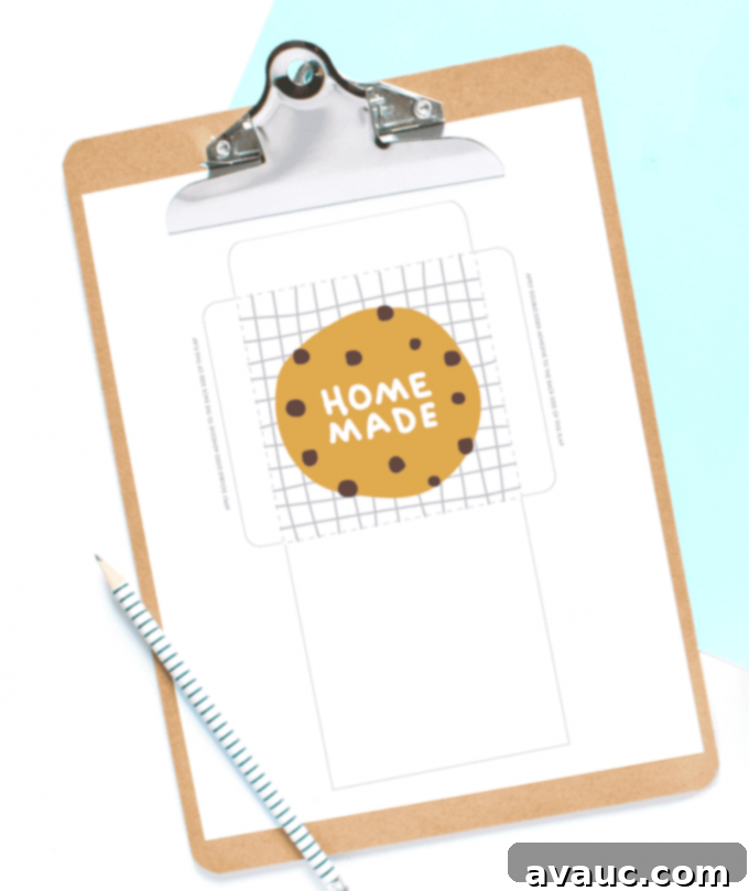 DIY Printable Cookie Bags for Chocolate Chip Treats 3 Printable template for cookie bags showing fold lines and adhesive tabs.