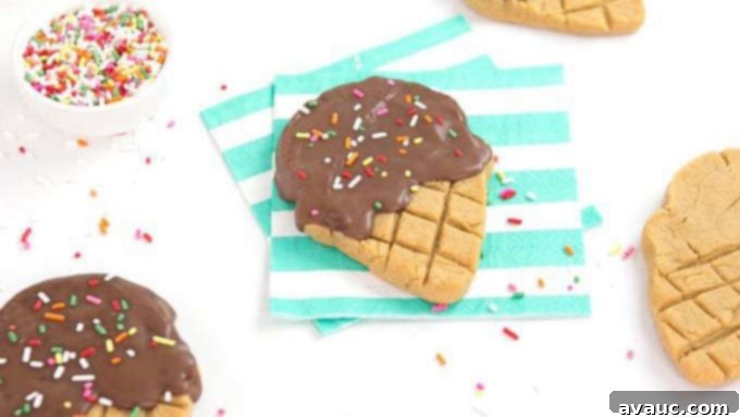 A selection of delicious peanut butter ice cream cookies, perfectly baked and decorated with chocolate and colorful sprinkles.