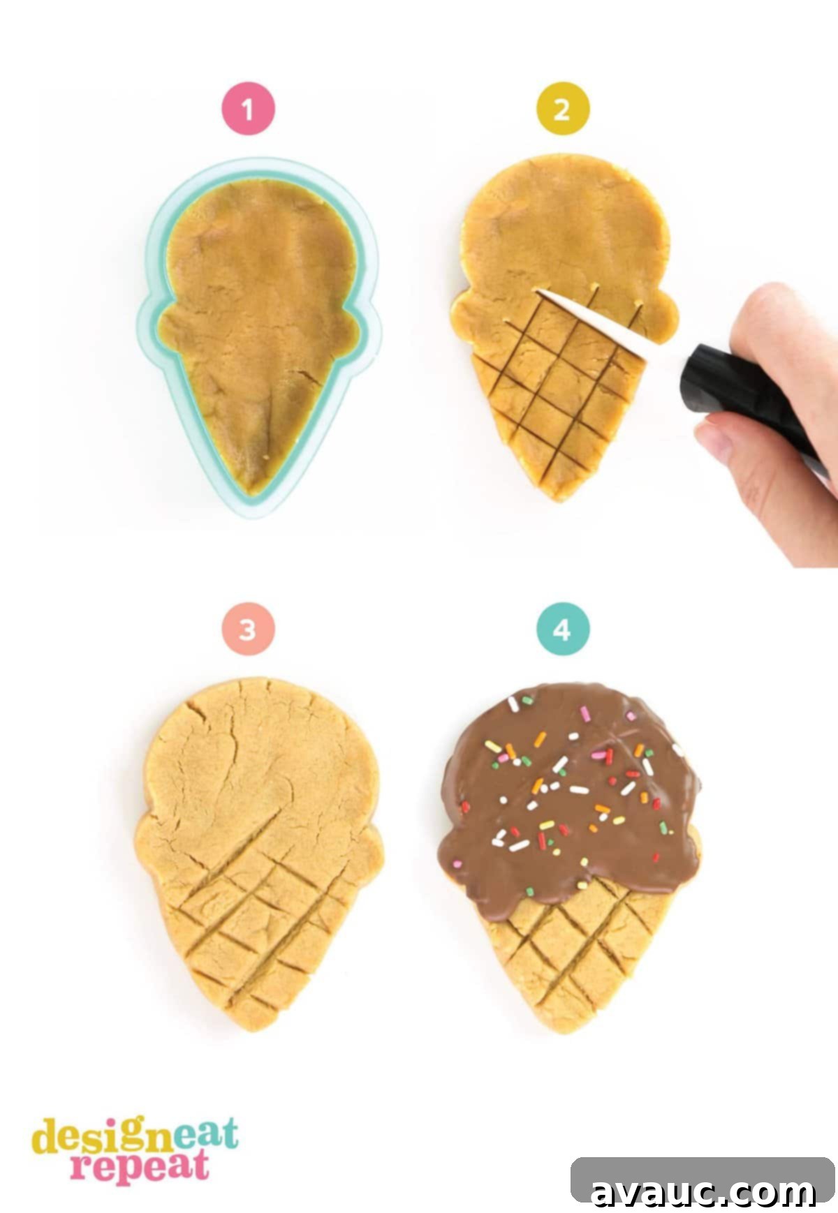 Detailed instructions showing a hand lightly cutting cone lines into peanut butter cookie dough with a knife before baking.