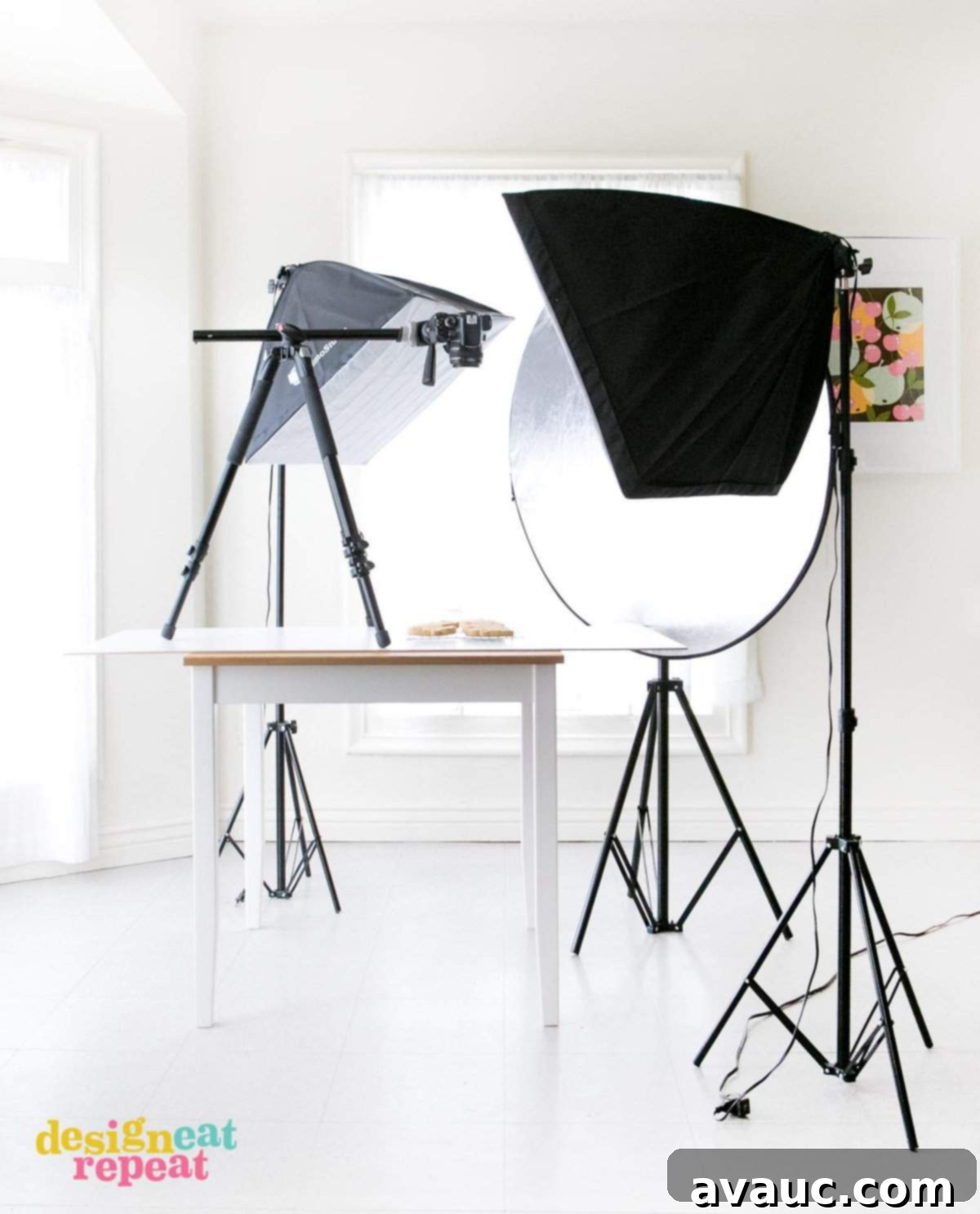 LimoStudio softbox lights illuminate a home photography setup, demonstrating essential artificial lighting for food bloggers and product photographers.