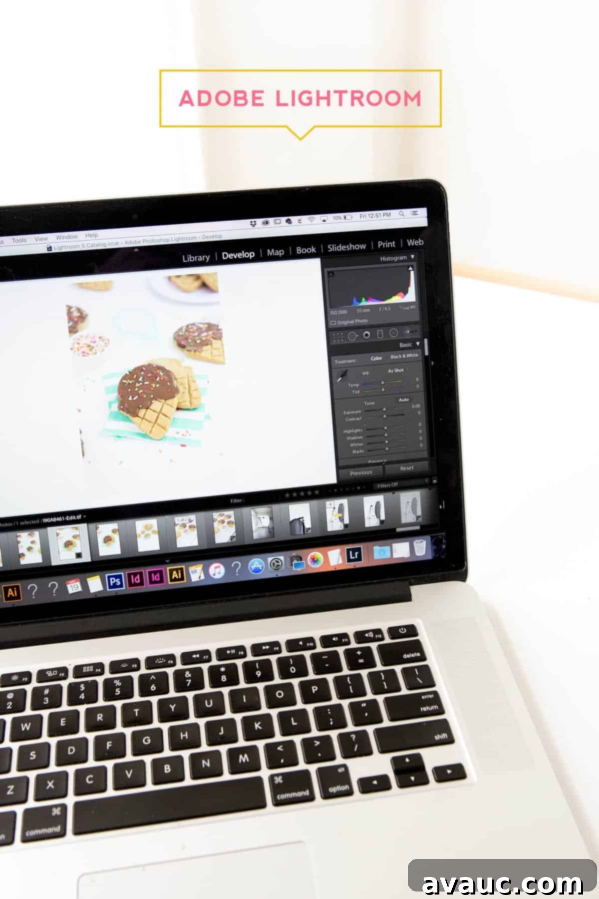 A computer screen displaying Adobe Lightroom, showcasing the editing workflow for food photography and image organization.