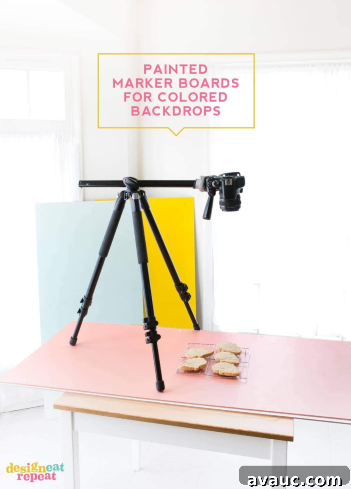 Various backdrops for food photography, including white foam core and custom-painted marker boards, essential for diverse styling.