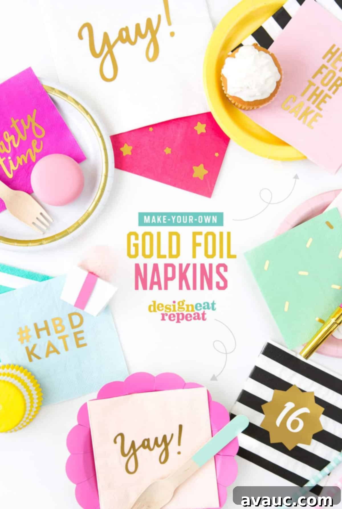 Glam Up Napkins with Gold Foil 2 Custom gold foil DIY napkins for a party, featuring phrases like 'party time' and sprinkle designs. Perfect for personalizing party decor to match any theme and color scheme, made with a die-cutting machine.