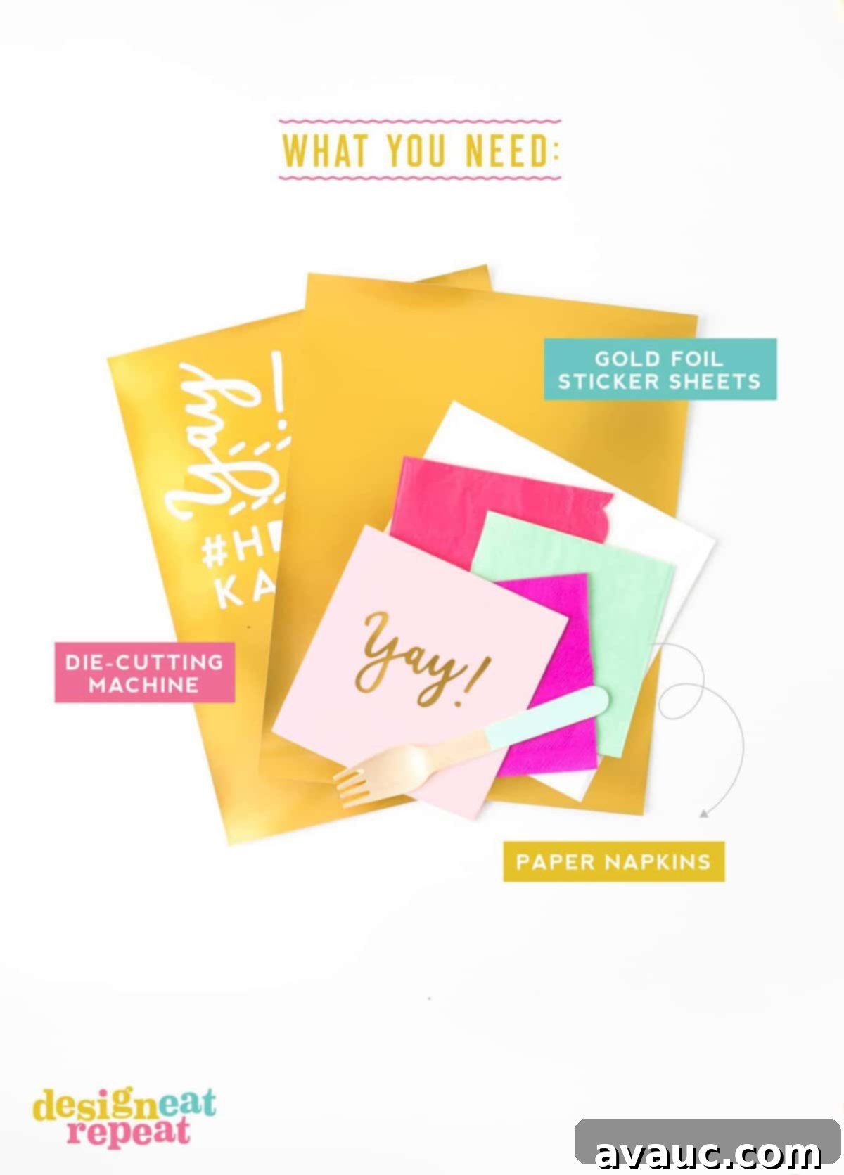 Glam Up Napkins with Gold Foil 3 Essential supplies for making custom gold foil DIY napkins: adhesive-backed gold foil sticker paper, plain solid colored paper napkins, and a die-cutting machine.
