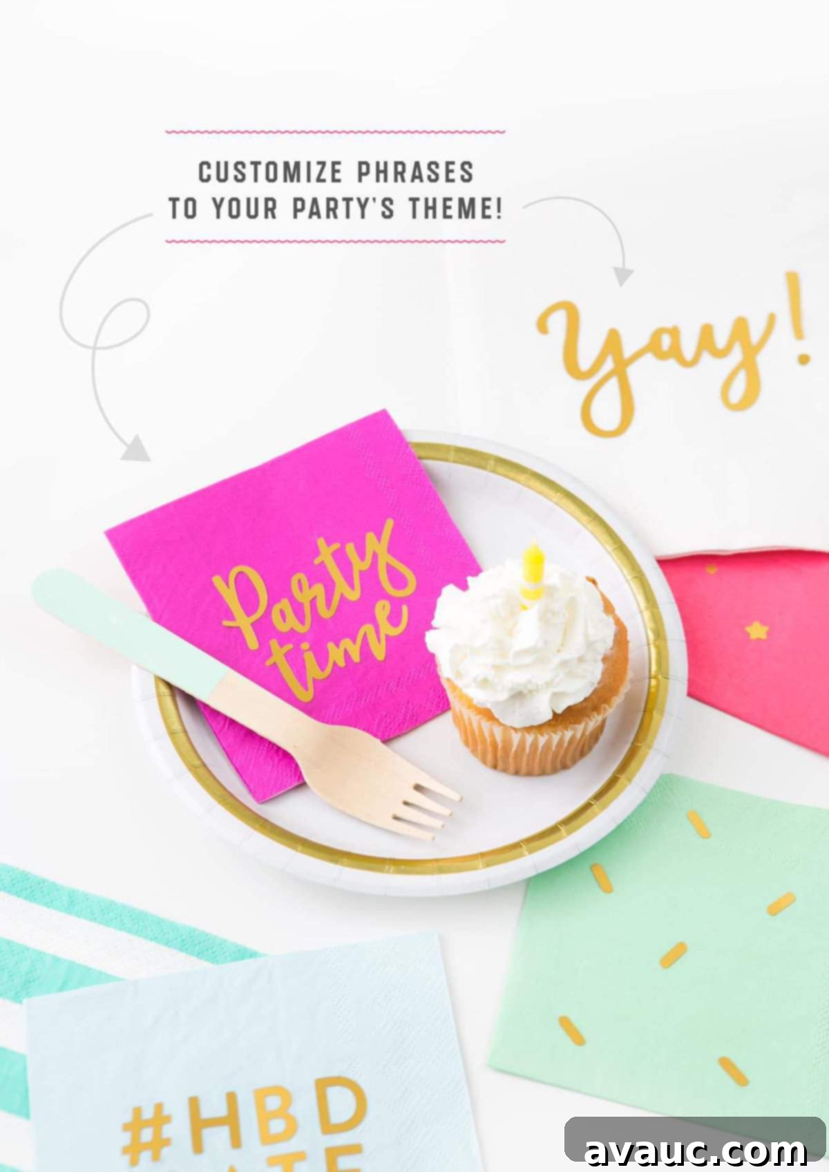 Glam Up Napkins with Gold Foil 4 Pink and white solid paper napkins customized with gold foil designs. A pink napkin says "party time," another has gold sprinkles, and a white napkin features a cute cupcake, showcasing personalized party supplies.