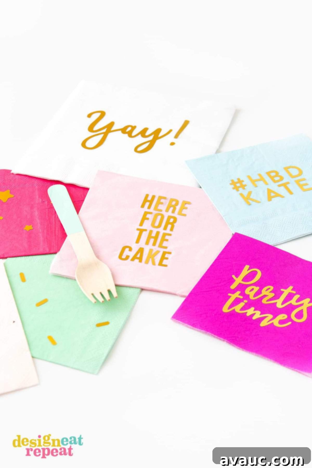 Glam Up Napkins with Gold Foil 5 Close-up of pink gold foil DIY napkins personalized with fun phrases like "here for the cake," "yay," and "party time," ready for a celebration table setting.