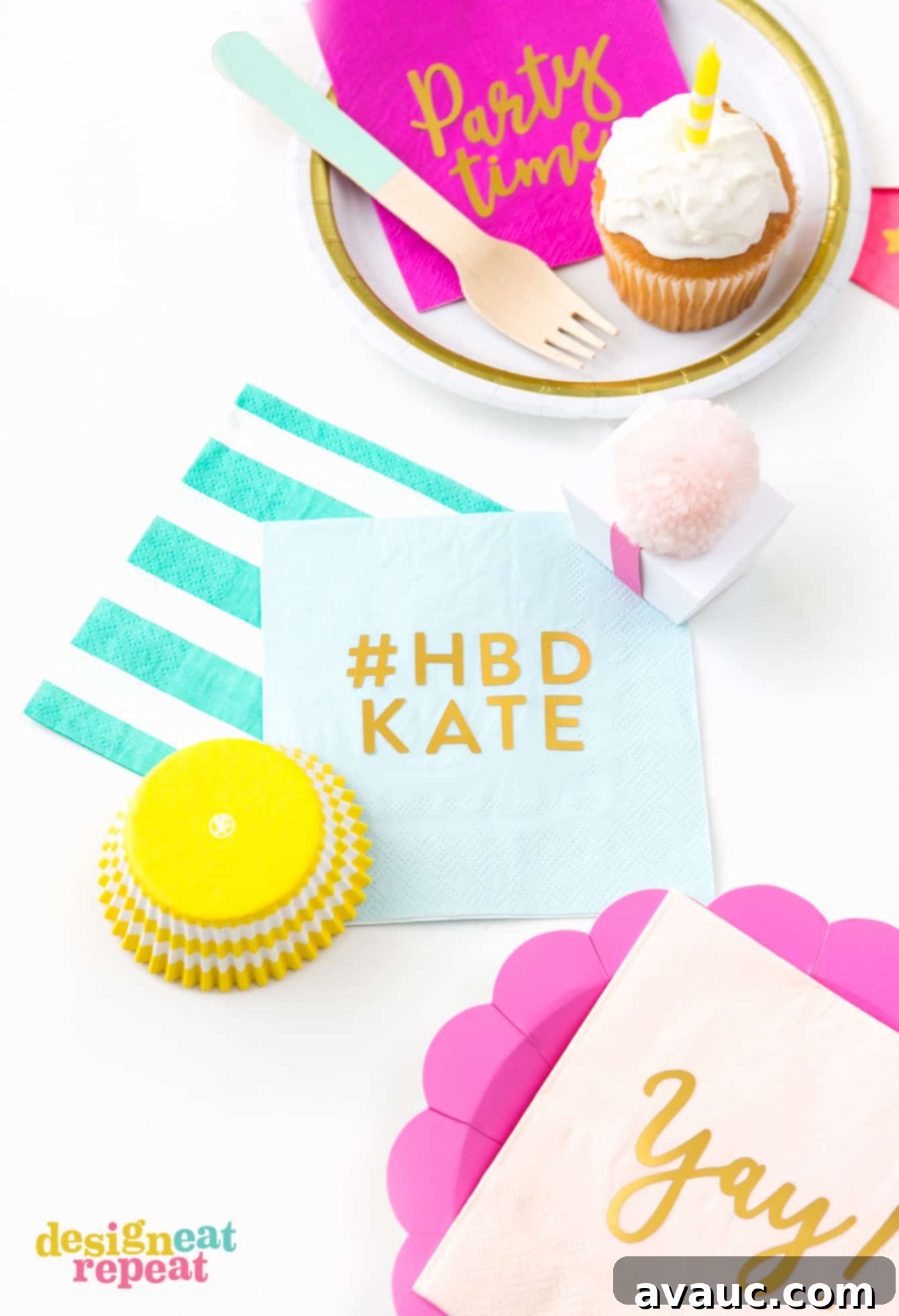Glam Up Napkins with Gold Foil 6 Blue gold foil DIY napkin customized with the phrase "HBD Kate" for a personalized birthday celebration table setting, highlighting custom party supplies.