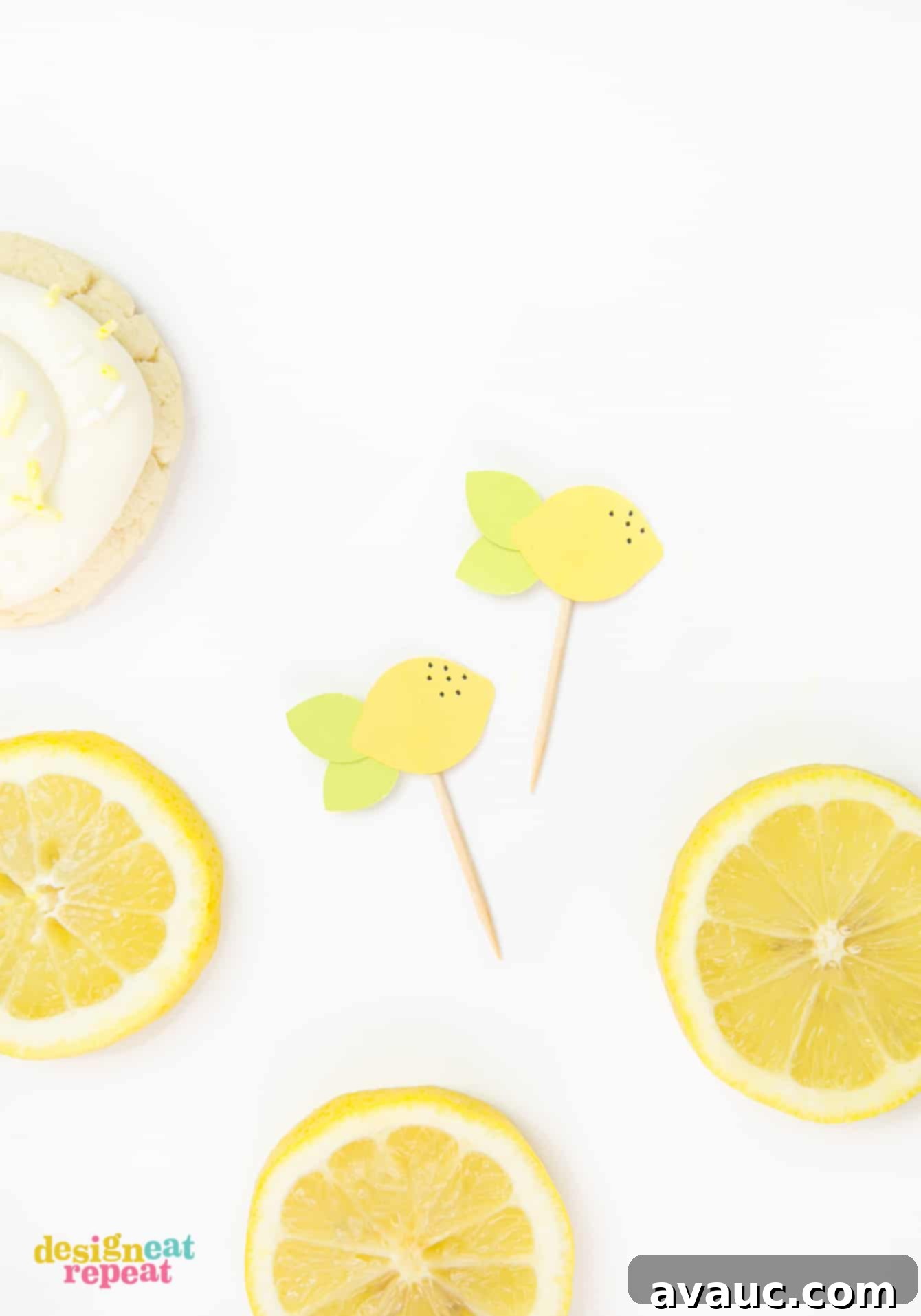 Luscious Lemon Cloud Cookies 6 Lemon toppers on toothpicks used to decorate thick lemon sugar cookies, adding a festive touch.