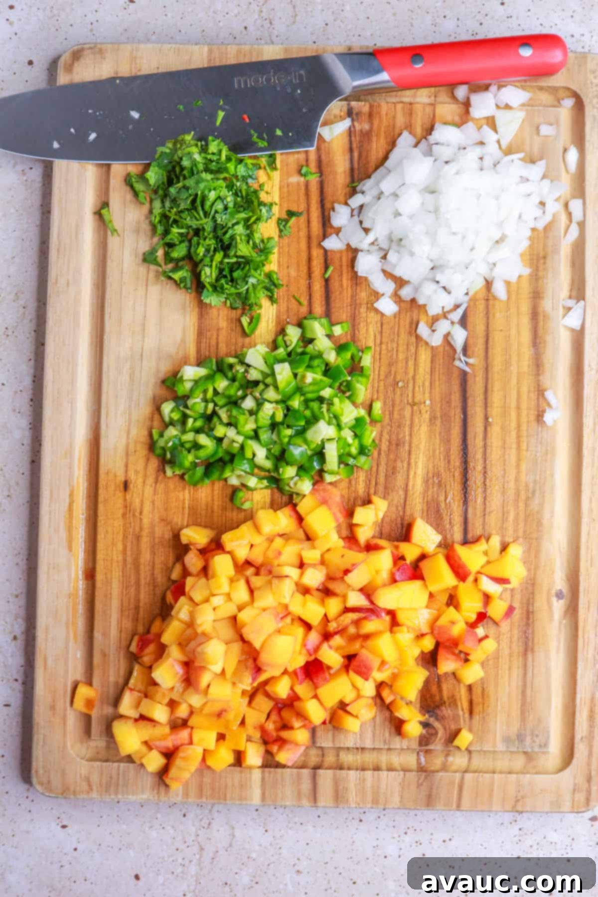 Sweet Heat Peach Salsa 4 Diced ingredients for pico de gallo with peaches