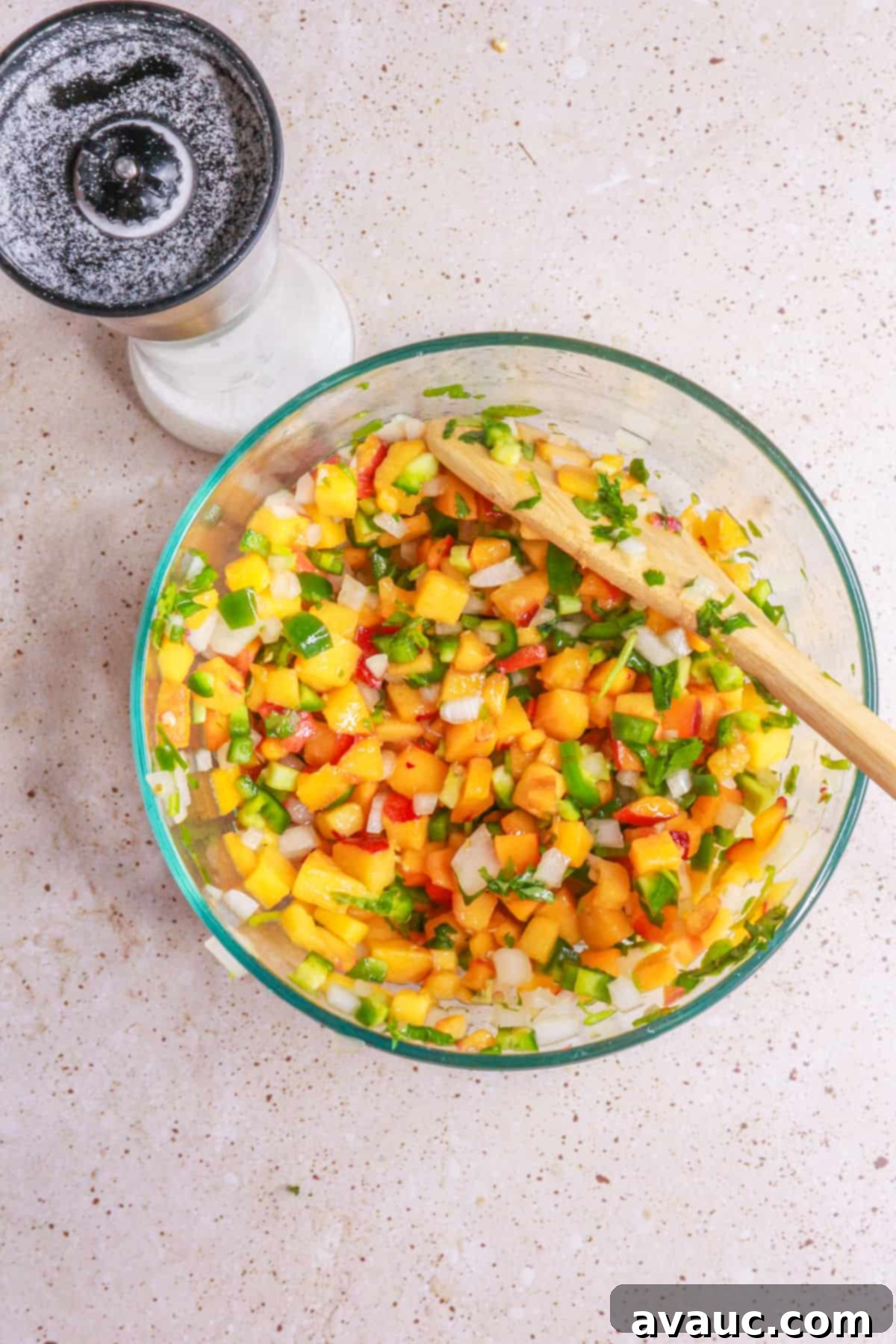 Sweet Heat Peach Salsa 6 Mixing bowl with peach pico de gallo