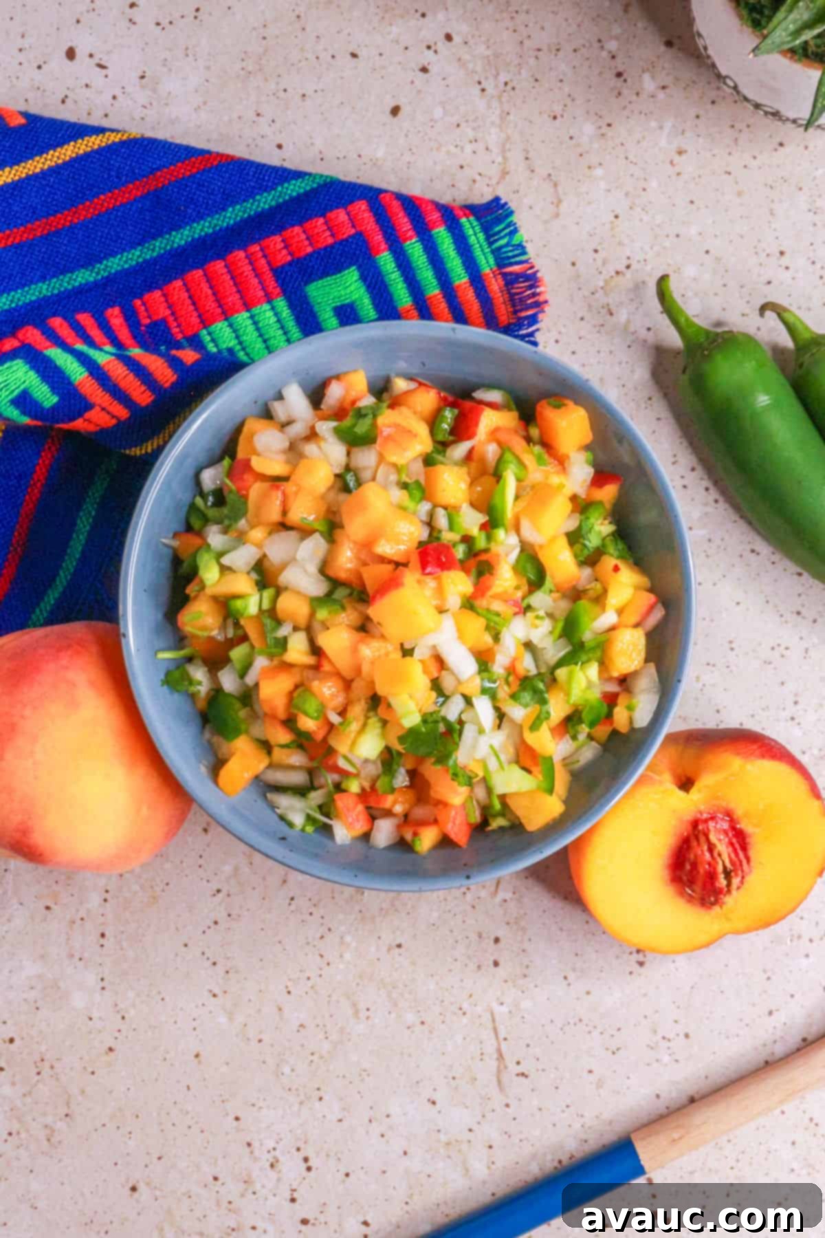 Sweet Heat Peach Salsa 8 Peach pico de gallo in a bowl from top view