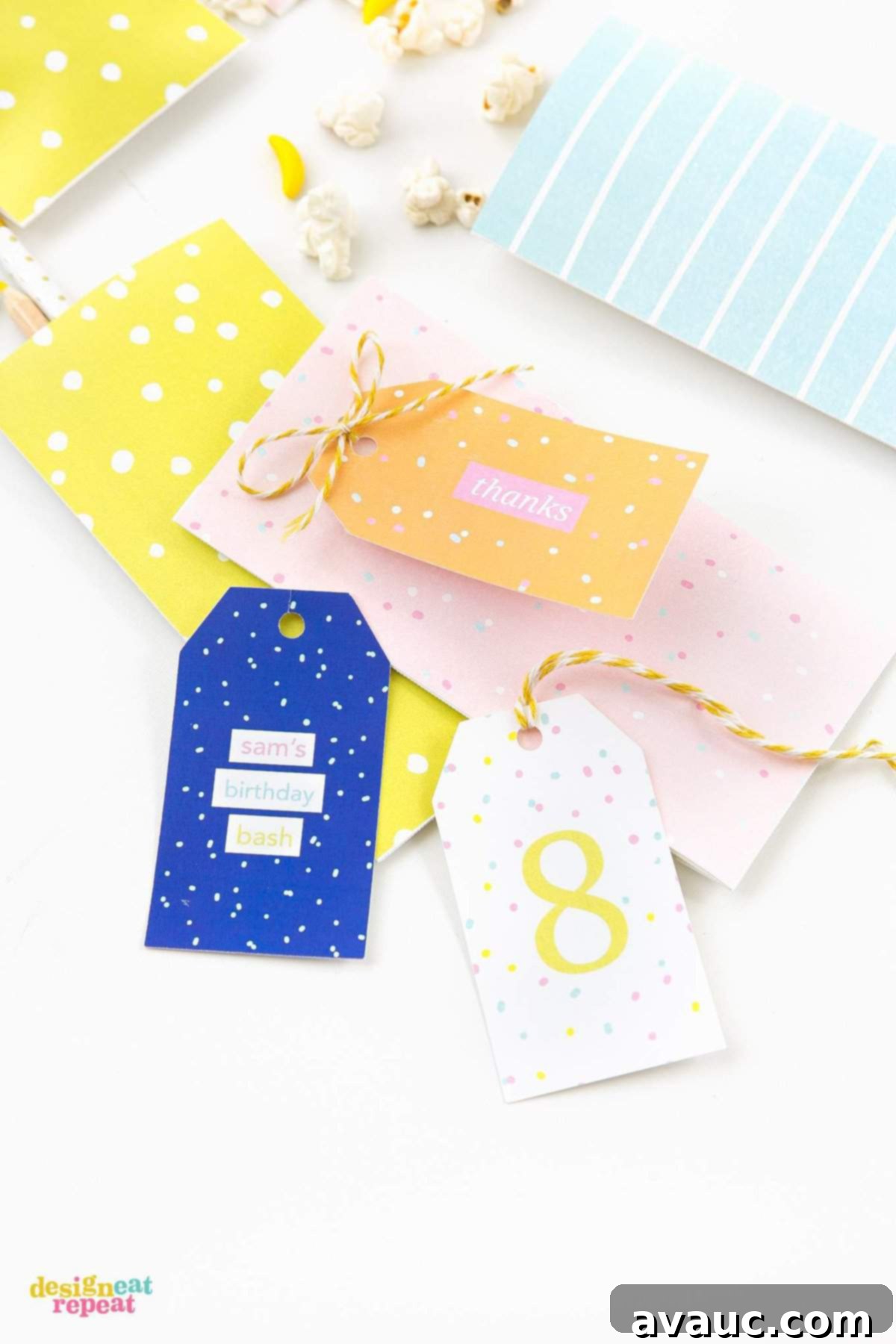 Download these fun & colorful printable birthday gift tags and attach them to treat bags for an easy party favor idea!