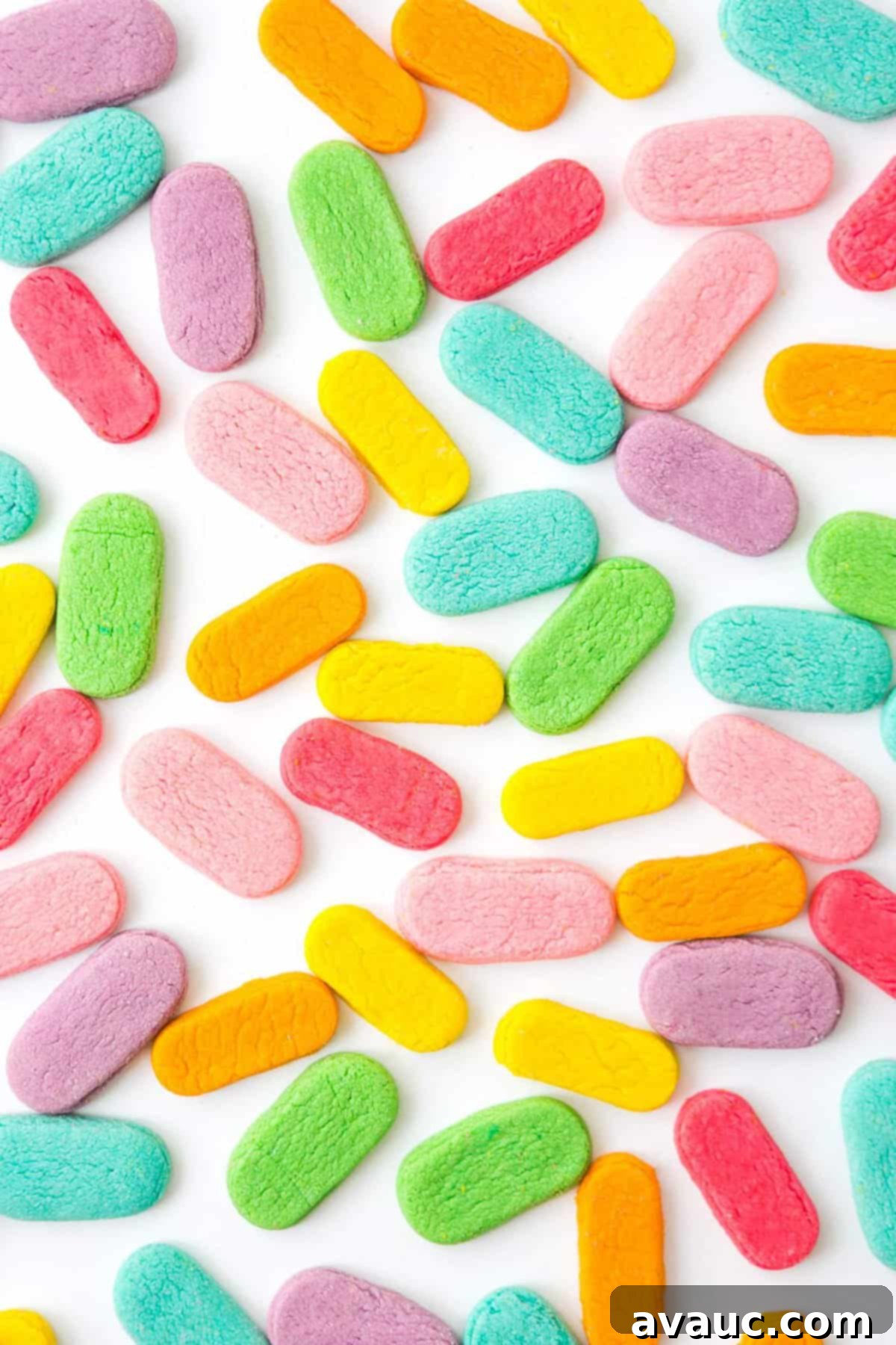 Variety of rainbow sprinkle shaped sugar cookies on white background.