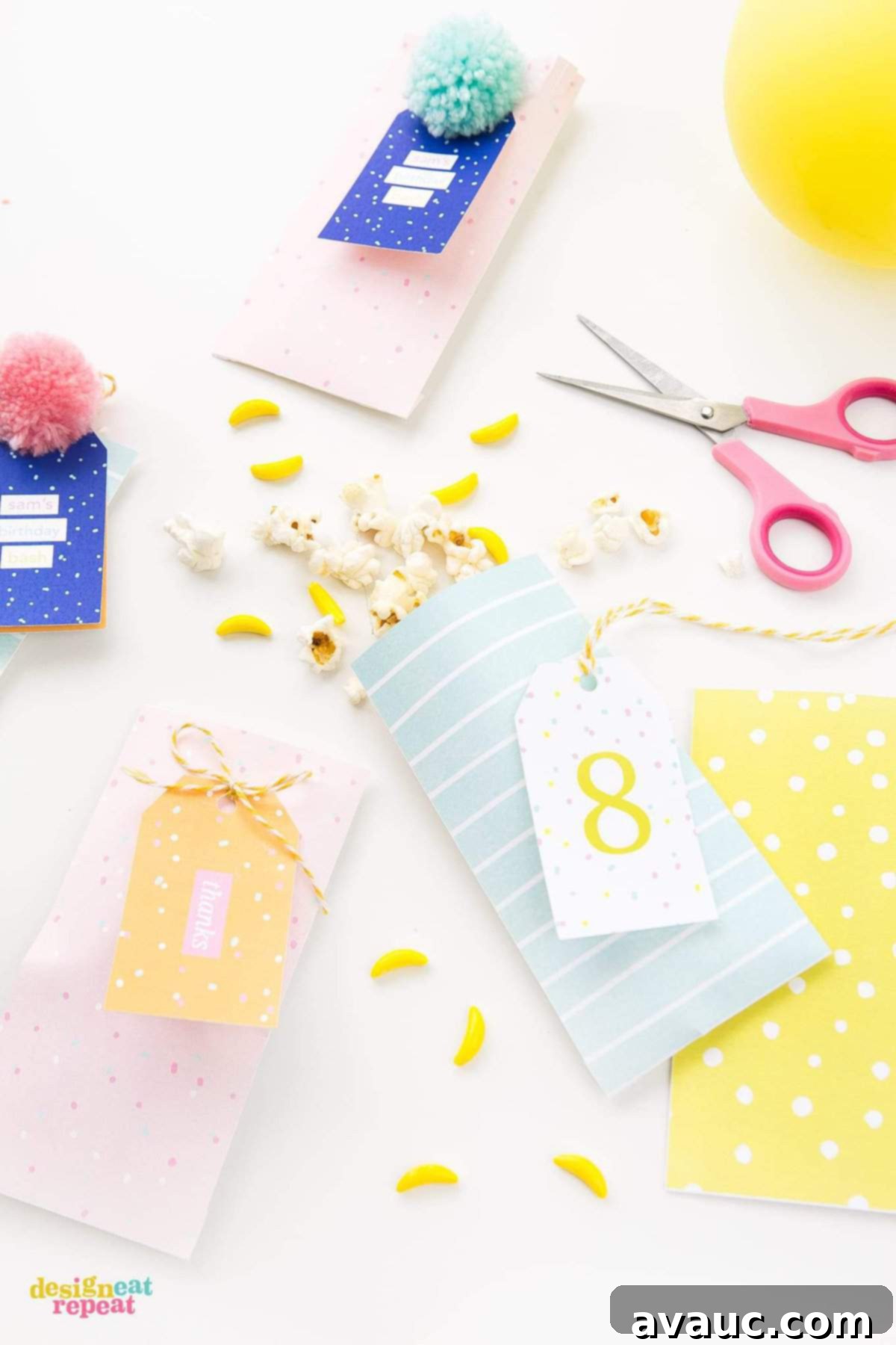 Pink, peach, blue, and yellow party favor bags with matching printable gift tags.