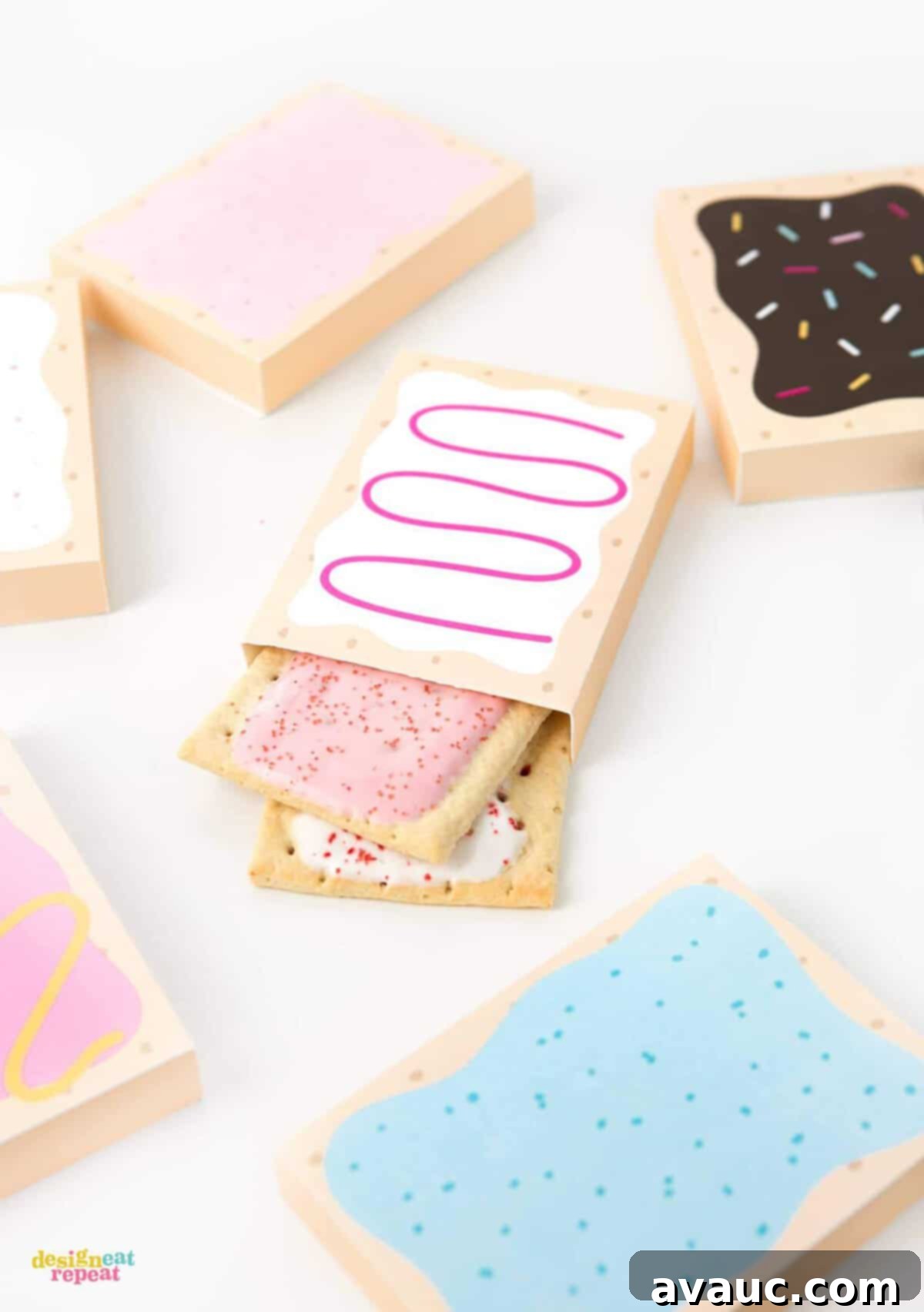 Close-up of a DIY printable toaster pastry box, showcasing intricate design details and crisp folds