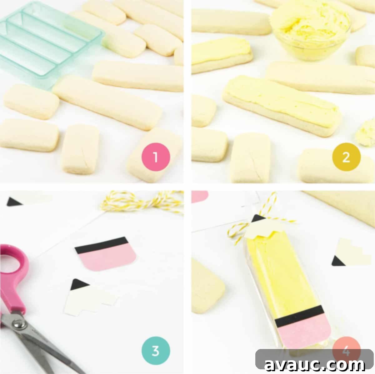 Sweet and Simple Teacher Appreciation Cookies 4 Visual steps for making pencil sugar cookies: Shows cutting cookie dough into sticks, frosting with yellow icing, and cutting out printable paper pencil details.