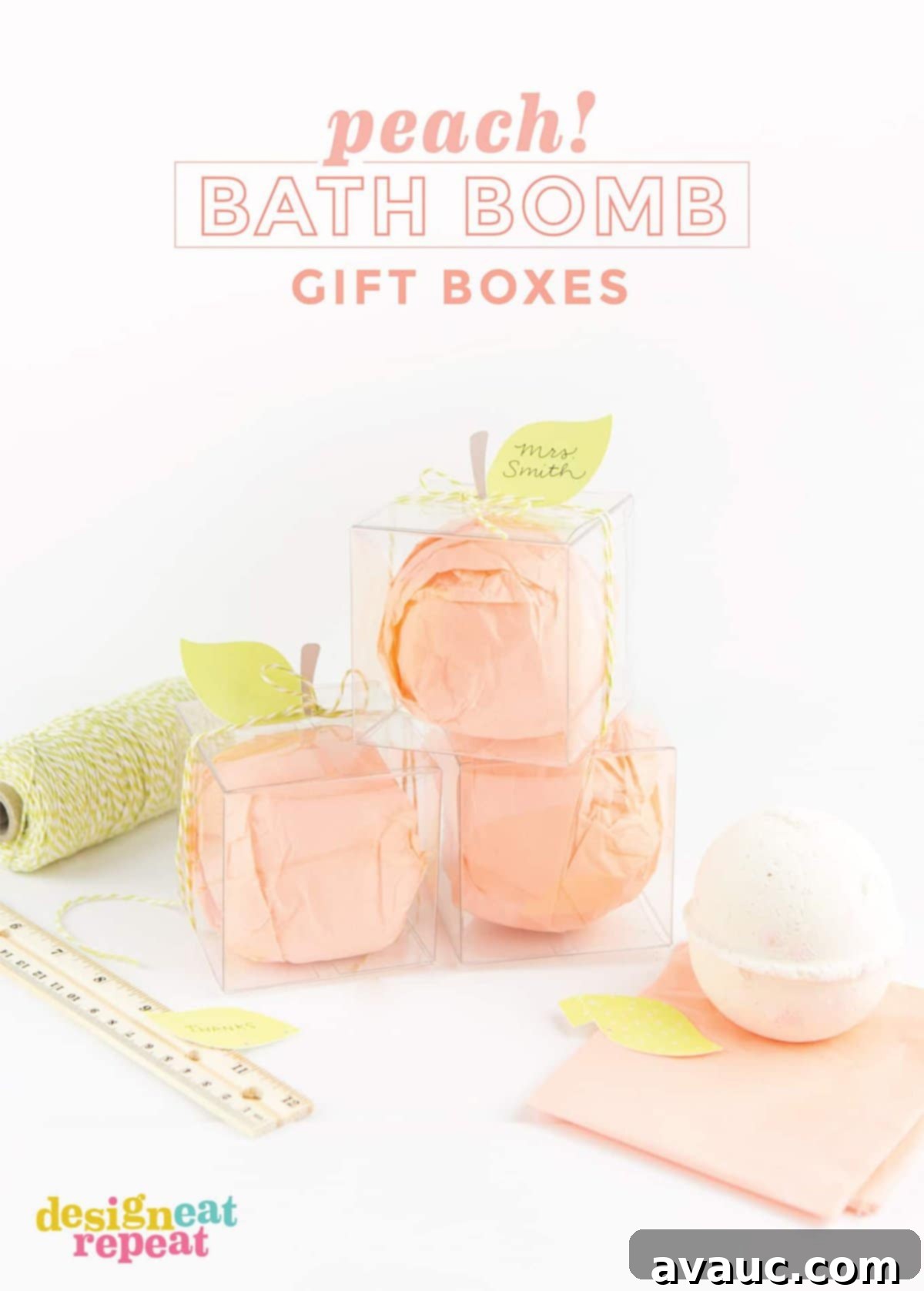 A beautifully packaged peach bath bomb teacher gift with a leafy tag, perfect for relaxation and appreciation.