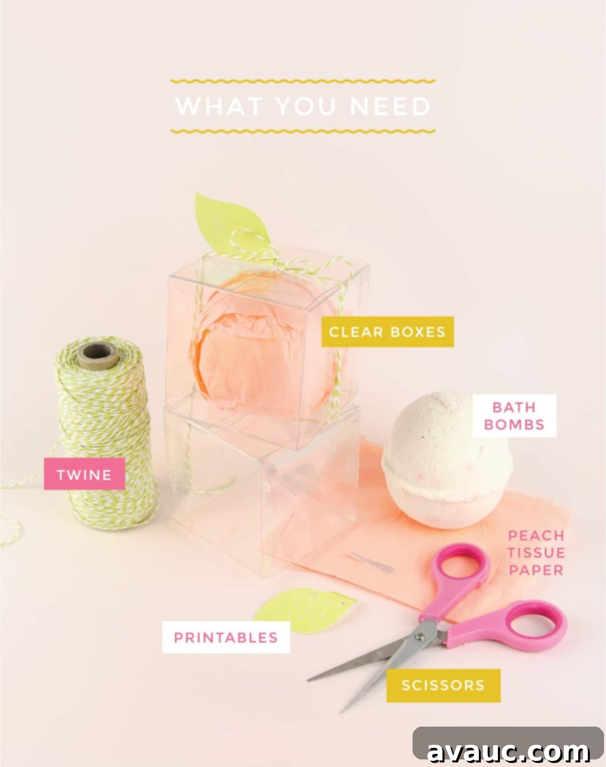 Close-up of a DIY peach bath bomb gift box showing the clear packaging and delicate leaf tag.