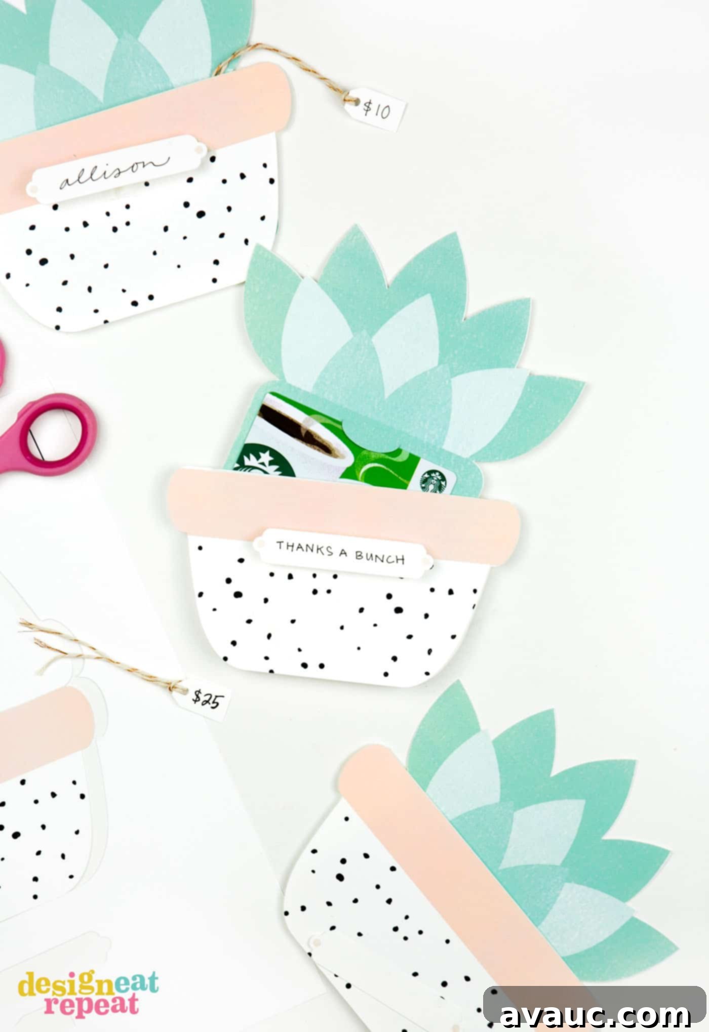 Succulent Printable Gift Card Holder with black dots, pink, and green.